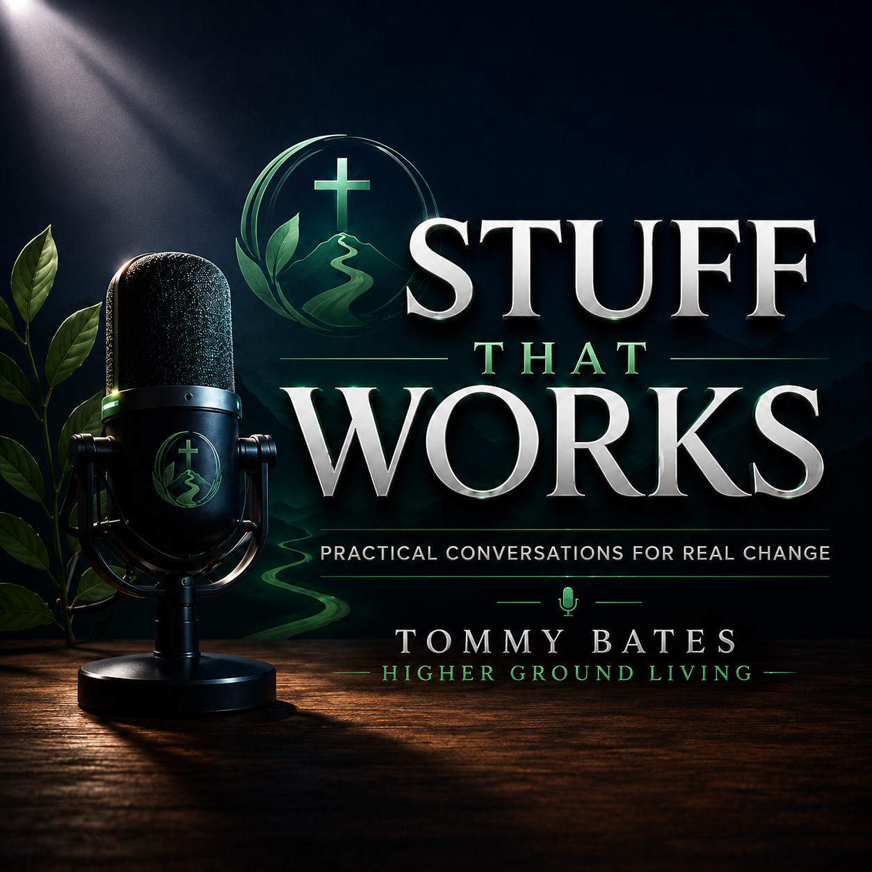 Stuff That Works podcast cover featuring a microphone and the Higher Ground Living logo